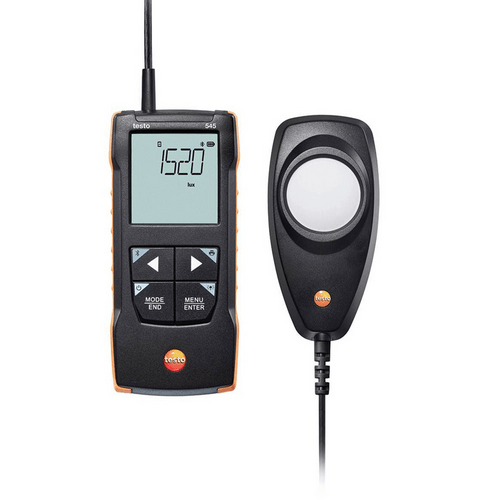 The Testo 545 digital lux meter and probe displaying a 1520 lux reading on the screen, ideal for precise light intensity measurement and data logging.