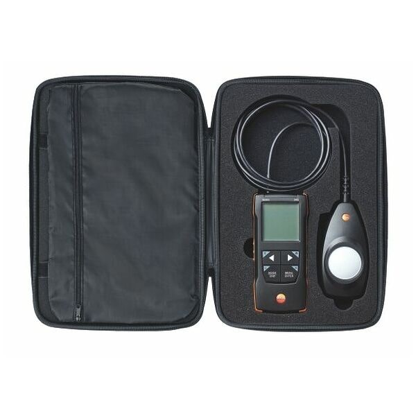 The Testo 545 lux meter and its detachable light sensor probe neatly arranged inside the soft carrying pouch, opened flat for full visibility.