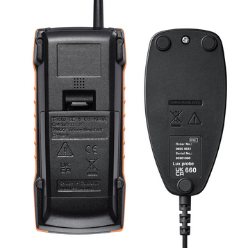 Rear view of the Testo 545 digital lux meter and probe, highlighting the battery compartment and robust build quality of the instrument.