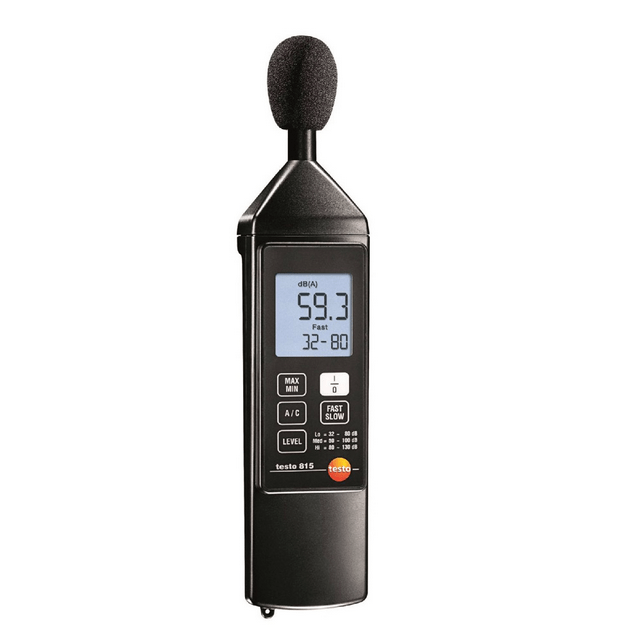 The testo 815 sound level meter powered on with its backlit display activated, showing a noise measurement of 59.3 dB(A).