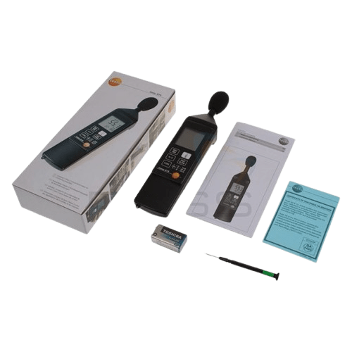 The complete testo 815 sound level meter kit, including the instrument, official retail box, 9V battery, user manual, calibration certificate, and windscreen.
