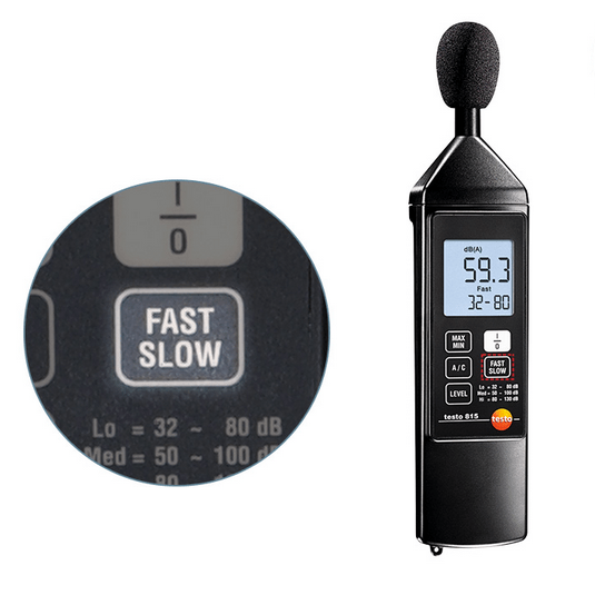 A close-up of the testo 815 sound meter's interface, highlighting the toggle button for switching between FAST and SLOW time weighting.