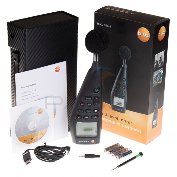 Complete kit for the TESTO 816-1 sound level data logger, including the meter, PC software, USB cable, batteries, calibration screwdriver, and a professional carrying case for field use.