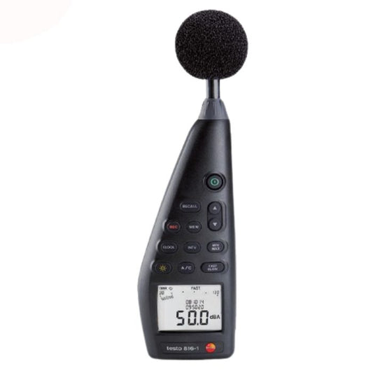The TESTO 816-1 professional sound level meter is turned on, displaying a quiet environment reading of 50.0 dBA on its backlit digital screen, ideal for SPL measurement.