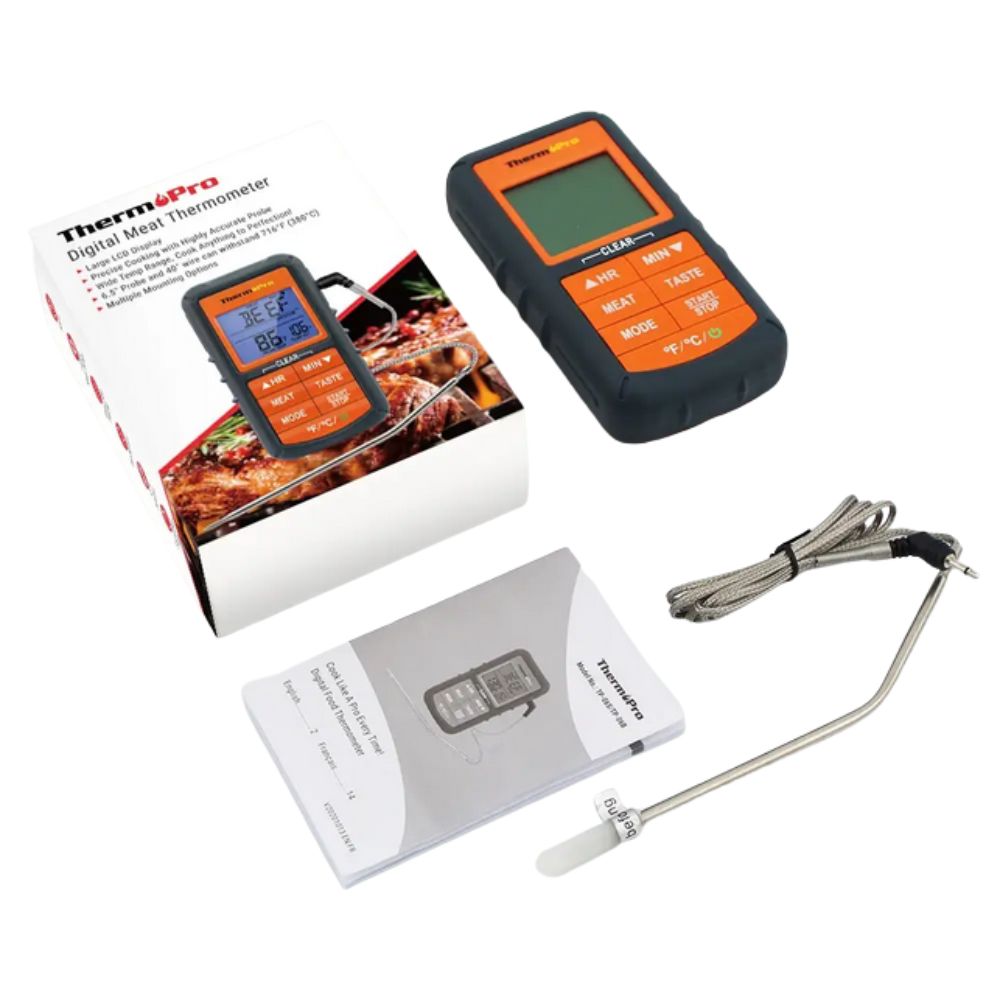 ThermoPro TP06B food thermometer complete retail kit including the digital unit, stainless steel probe with protective cap, user manual, and official color packaging.