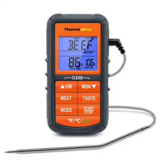 ThermoPro TP06B digital cooking thermometer with probe connected, set to Beef mode at 106°F target with a current reading of 86°F on a clear backlit LCD screen.