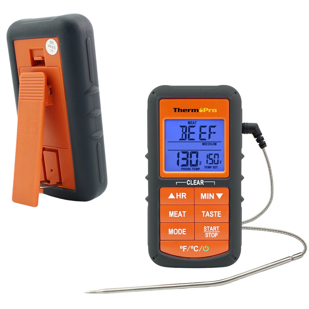 Closeup of ThermoPro TP06B front and back views, highlighting the integrated tabletop stand and wall-hanging hole for flexible kitchen and outdoor grill placement.