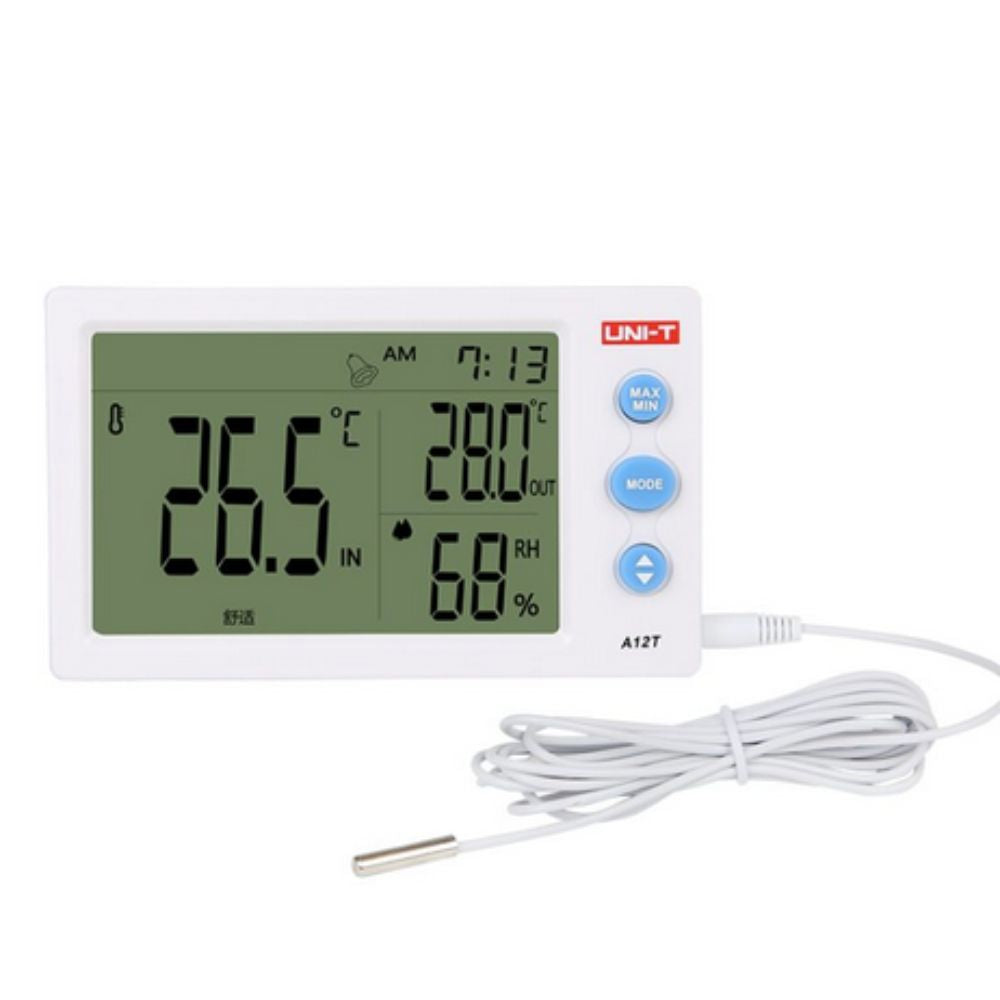 UNI-T A12T temperature and humidity meter front view with LCD display on, showing 26.5°C room temperature, 68% RH indoor humidity and 28.0°C external probe temperature for home and office climate monitoring.
