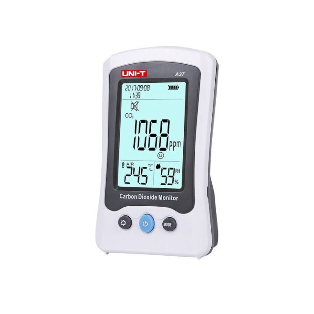 UNI-T A37 carbon dioxide meter front view showing CO2 concentration, temperature, and humidity display