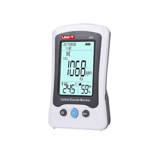 UNI-T A37 carbon dioxide meter front view showing CO2 concentration, temperature, and humidity display