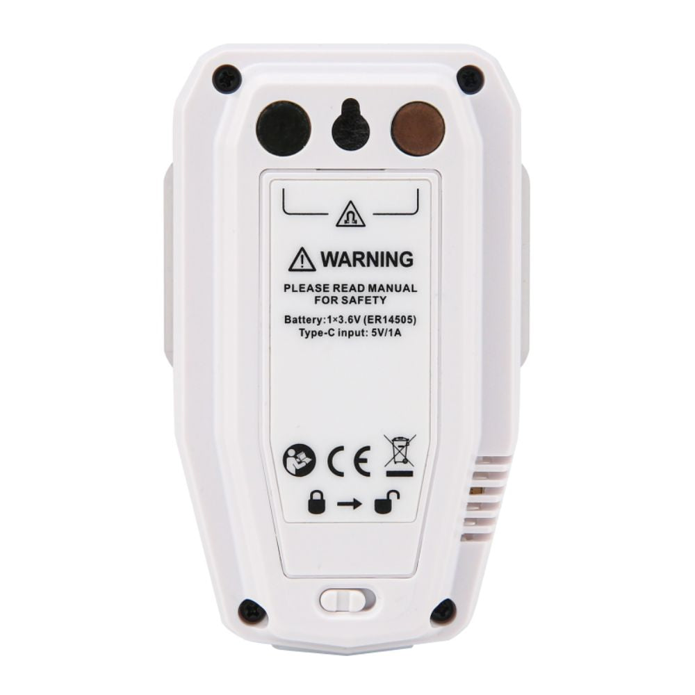 UNI-T A57 BT 64000-record temperature humidity logger back view showing built-in magnetic mount and USB Type-C charging port