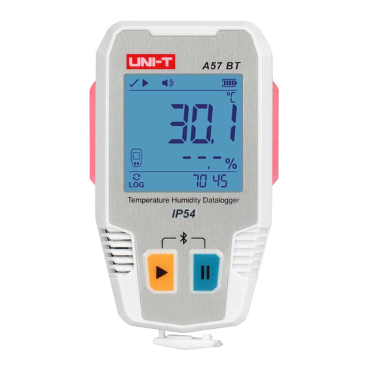 UNI-T A57 BT Bluetooth temperature humidity data logger front view showing LCD screen and status indicator LED
