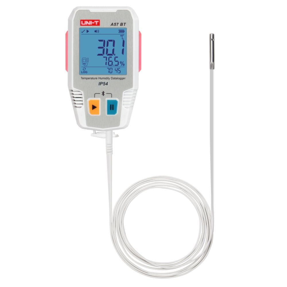 UNI-T A57 BT temperature humidity data logger with flexible external integrated probe connected for remote sensing in confined or enclosed spaces