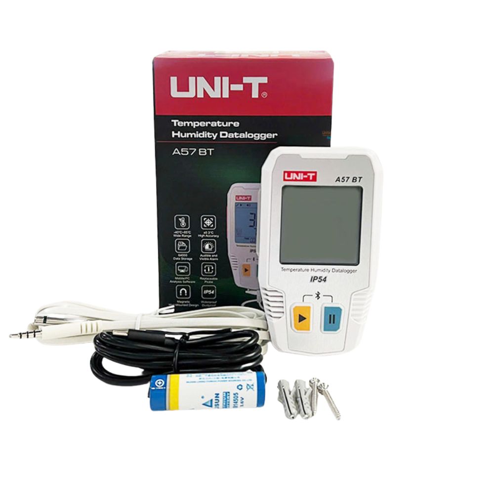UNI-T A57 BT wireless temperature humidity data logger full set including main unit, external integrated probe, USB Type-C cable, and wall mount bracket