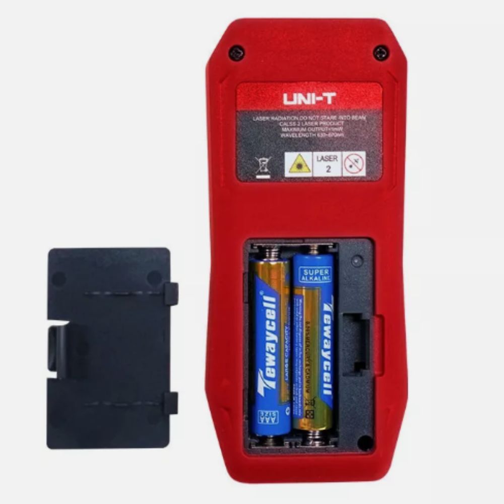 UNI-T LM100A electronic distance meter – back view with battery cover removed showing AAA battery compartment