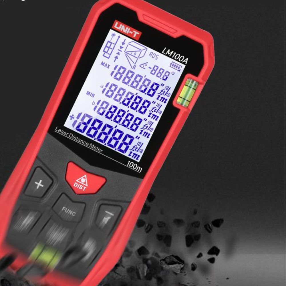 UNI-T LM100A handheld laser measuring tool demonstrating durable build quality for professional site use