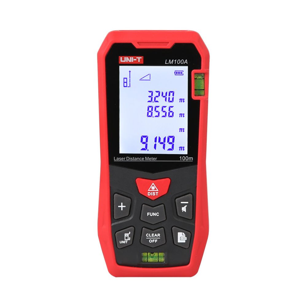 UNI-T LM100A 100m laser distance meter – front view showing LCD display and control buttons