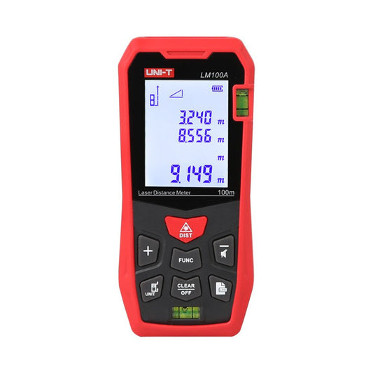 UNI-T LM100A 100m laser distance meter – front view showing LCD display and control buttons