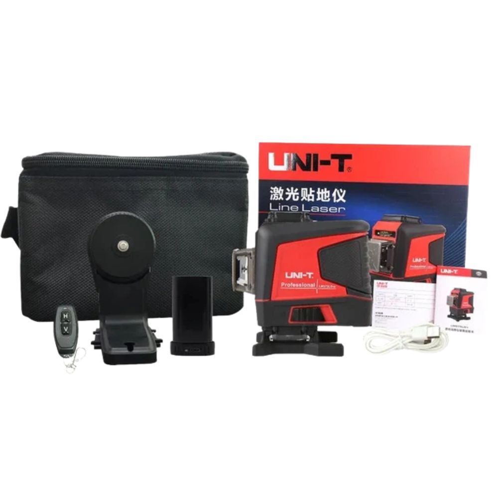 UNI-T LM573LD-e 12-Line 3D Green Laser Level full set with battery, target plate, and carrying case