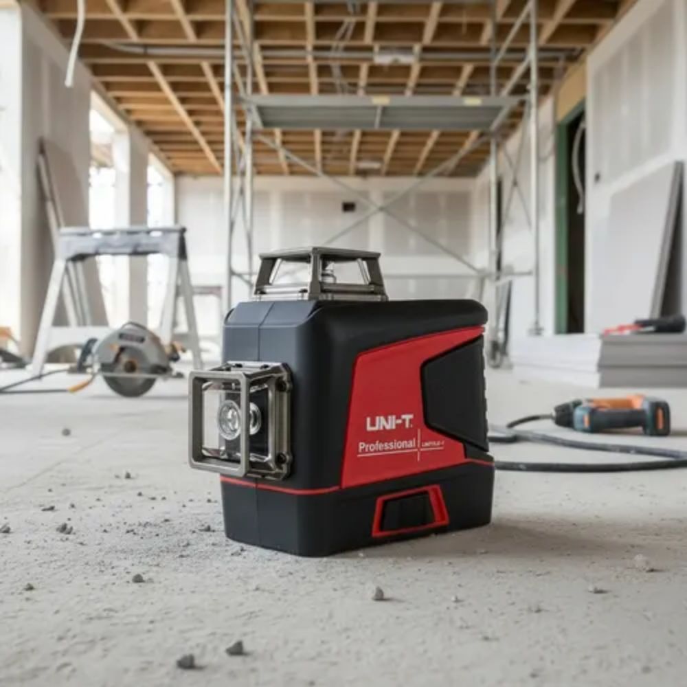 UNI-T LM573LD-e 12-Line 3D Green Laser Level mounted and powered on, ready for self-leveling
