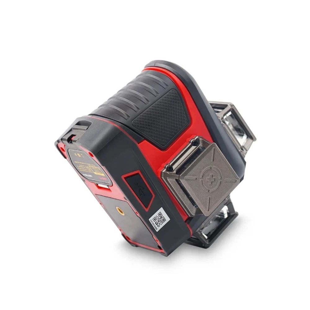 UNI-T LM573LD-e 12-Line 3D Green Laser Level side view showing housing profile and battery compartment