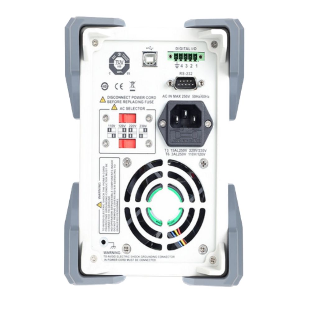 UNI-T UDP1306C 32V linear DC power supply rear view – USB port, banana jacks, cooling vents for compact electronics repair workstation and lab bench.