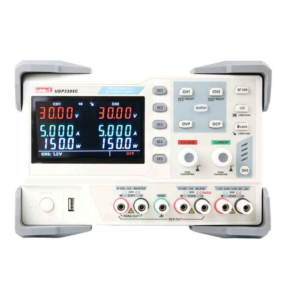 UNI-T UDP3305C 30V 3-channel linear DC power supply front view – professional triple-output bench PSU for electronics prototyping, laboratory circuit testing, university labs.