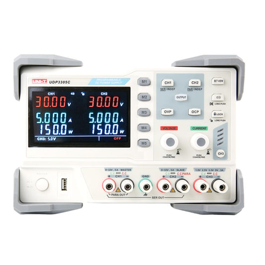UNI-T UDP3305C 30V 3-channel linear DC power supply front view – professional triple-output bench PSU for electronics prototyping, laboratory circuit testing, university labs.