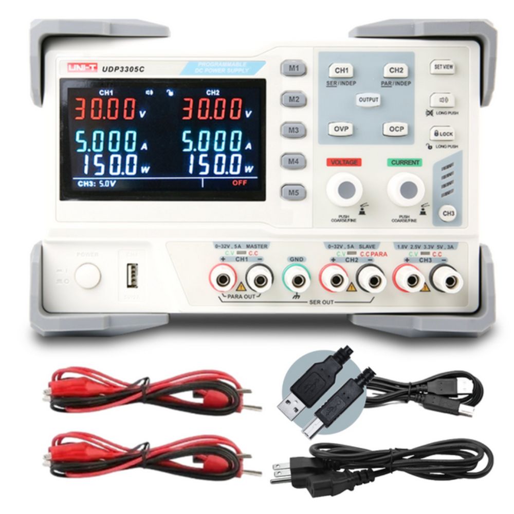 UNI-T UDP3305C 3-channel linear DC power supply complete kit – bench power unit with test leads, USB cable, power cord for PCB development and electronics workstations.