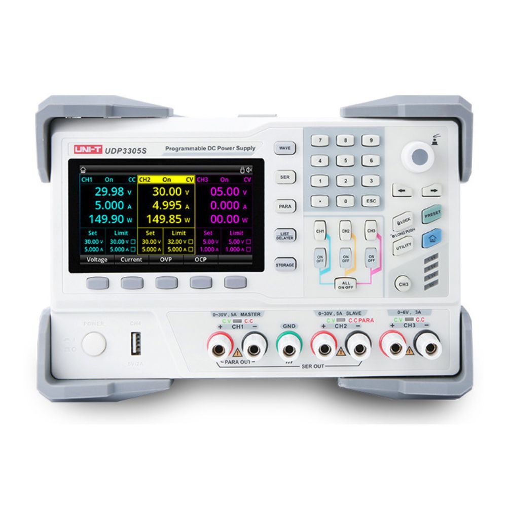 UNI-T UDP3305S 30V 4-channel linear DC power supply front view – professional bench PSU for electronics prototyping, laboratory testing, multi-rail circuit development.