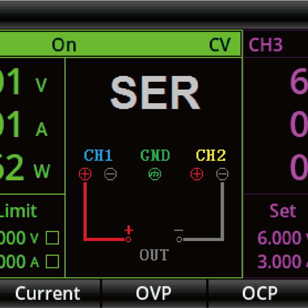 UNI-T UDP3305S 4-channel DC power supply active operation display closeup – powering PCB prototype with multi-rail voltage current monitoring for lab development.