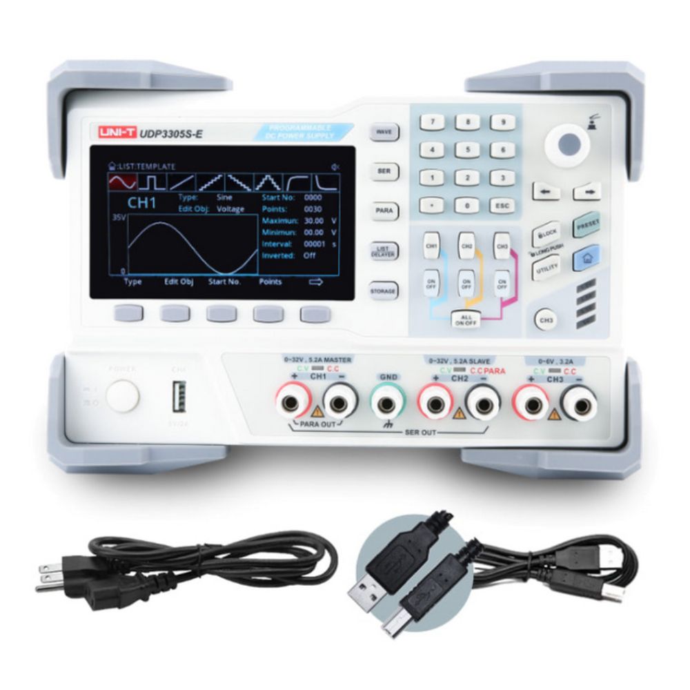 UNI-T UDP3305S 4-channel linear DC power supply complete kit – bench power unit with test leads, USB cable, manual for R&D labs and electronics workstations.
