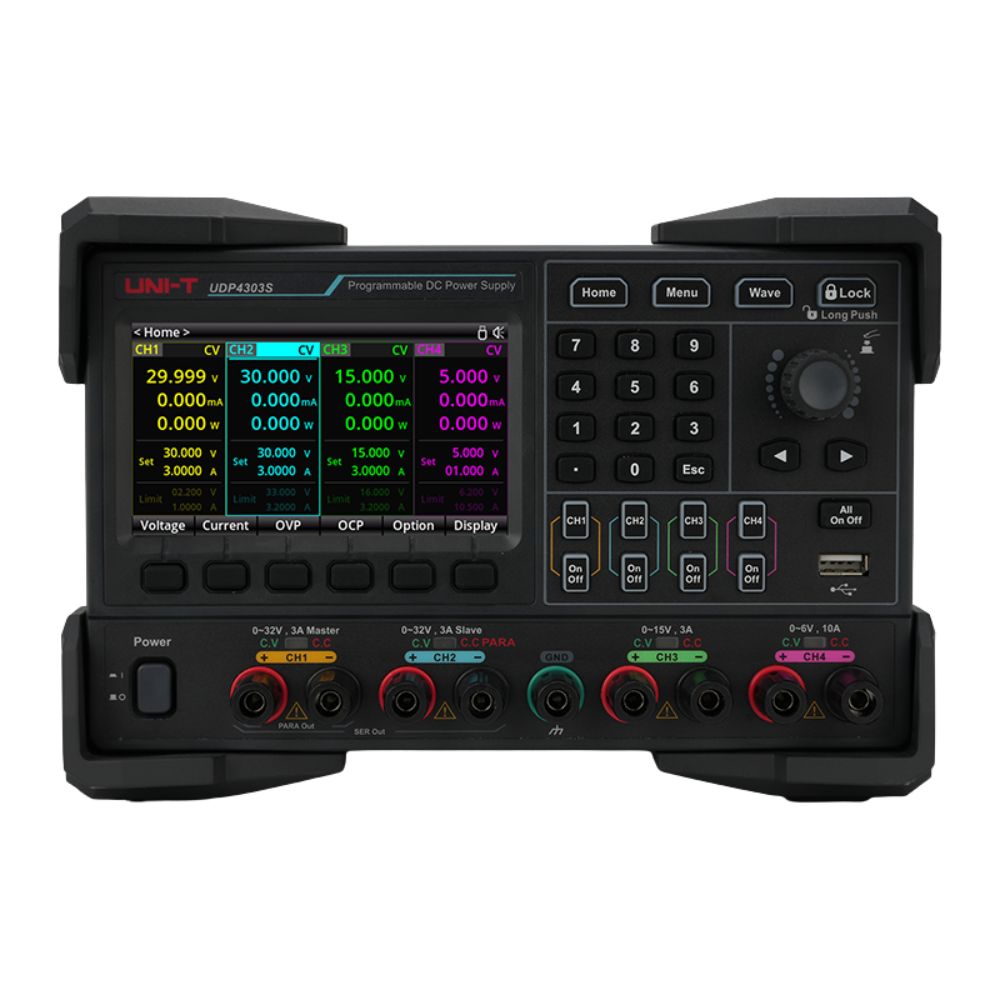 UNI-T UDP4303S 32V 4-channel linear DC power supply front view – professional bench PSU for electronics labs, R&D prototyping, multi-rail circuit testing.