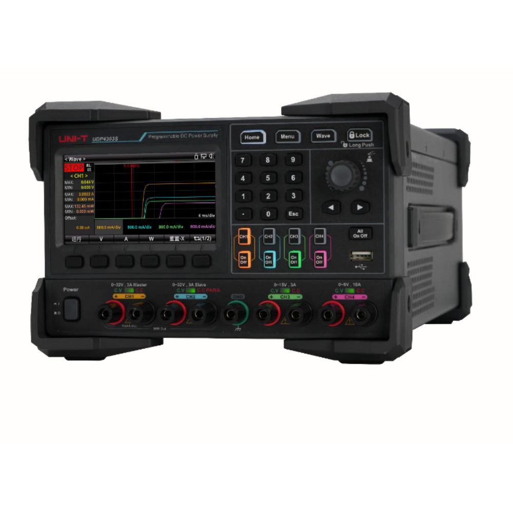 UNI-T UDP4303S 4-channel linear bench power supply front view active – displaying voltage current power on all channels for PCB testing and development.