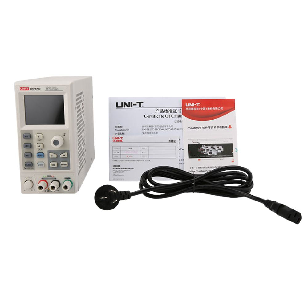 UNI-T UDP6720 60V programmable switching DC bench power supply full package with cables accessories and documentation, professional laboratory regulated power source for electronics repair, PCB testing, R&D laboratories, engineering workshops and educational electronics labs.