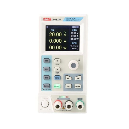 UNI-T UDP6720 programmable 60V single-channel switching DC power supply front panel with digital display, precision voltage and current control laboratory bench power supply for electronics testing, circuit development, battery charging and engineering lab use.