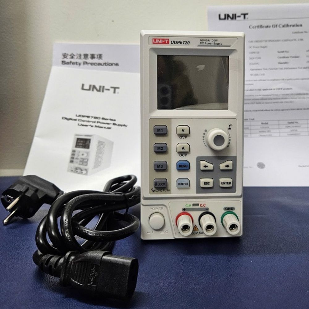 UNI-T UDP6720 60V switching DC laboratory power supply with user manual and factory calibration test certificate, professional programmable bench power unit for electronics engineers, research laboratories, quality testing and industrial maintenance.