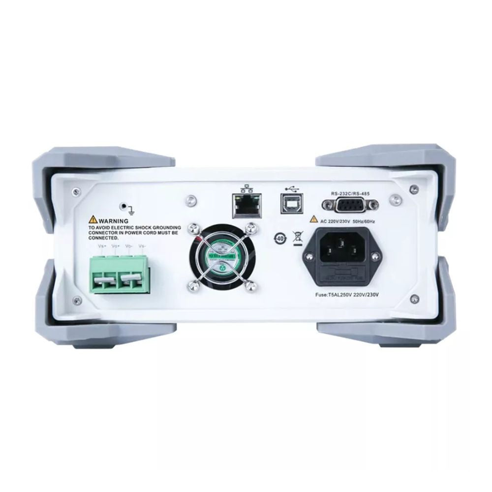 UNI-T UDP6722 400V switching DC power supply rear panel view – industrial high-voltage output terminals, communication interfaces and cooling for power electronics labs.