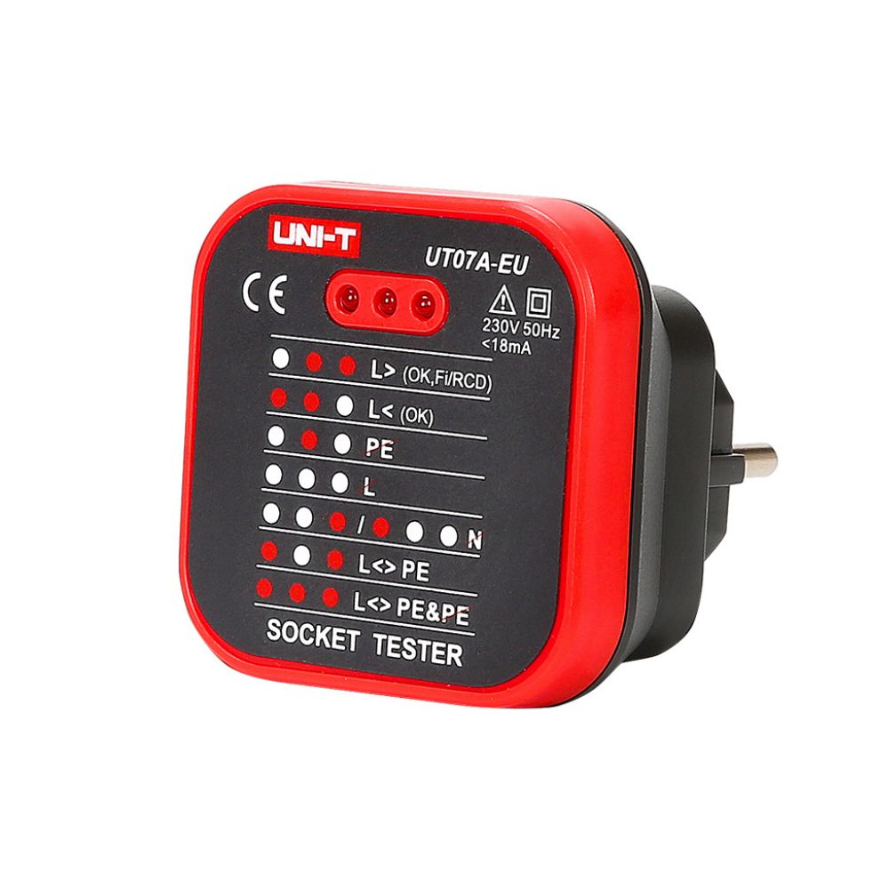 UNI-T UT07A-EU EU socket tester front view showing LED wiring-fault indicators on a 230V EU plug-in tester