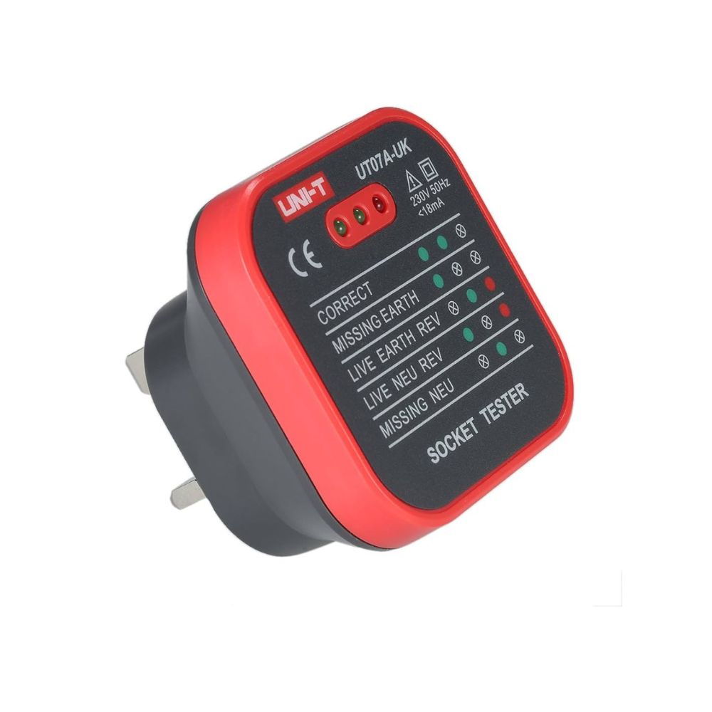 UNI-T UT07A-UK 13A socket tester front view showing LED wiring-fault indicators on a 230V UK plug-in tester