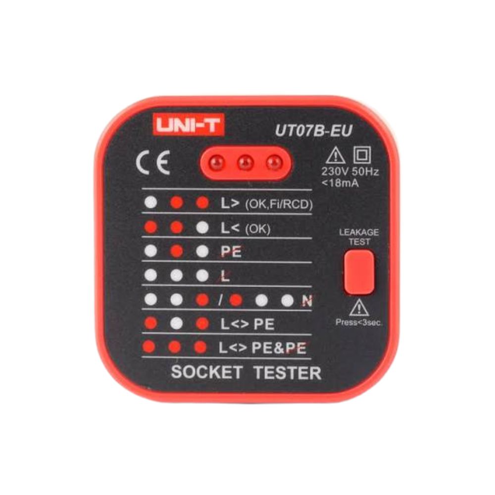 UNI-T UT07B-EU RCD socket tester front view showing LED indicators and leakage-test button on a 230V EU plug-in tester
