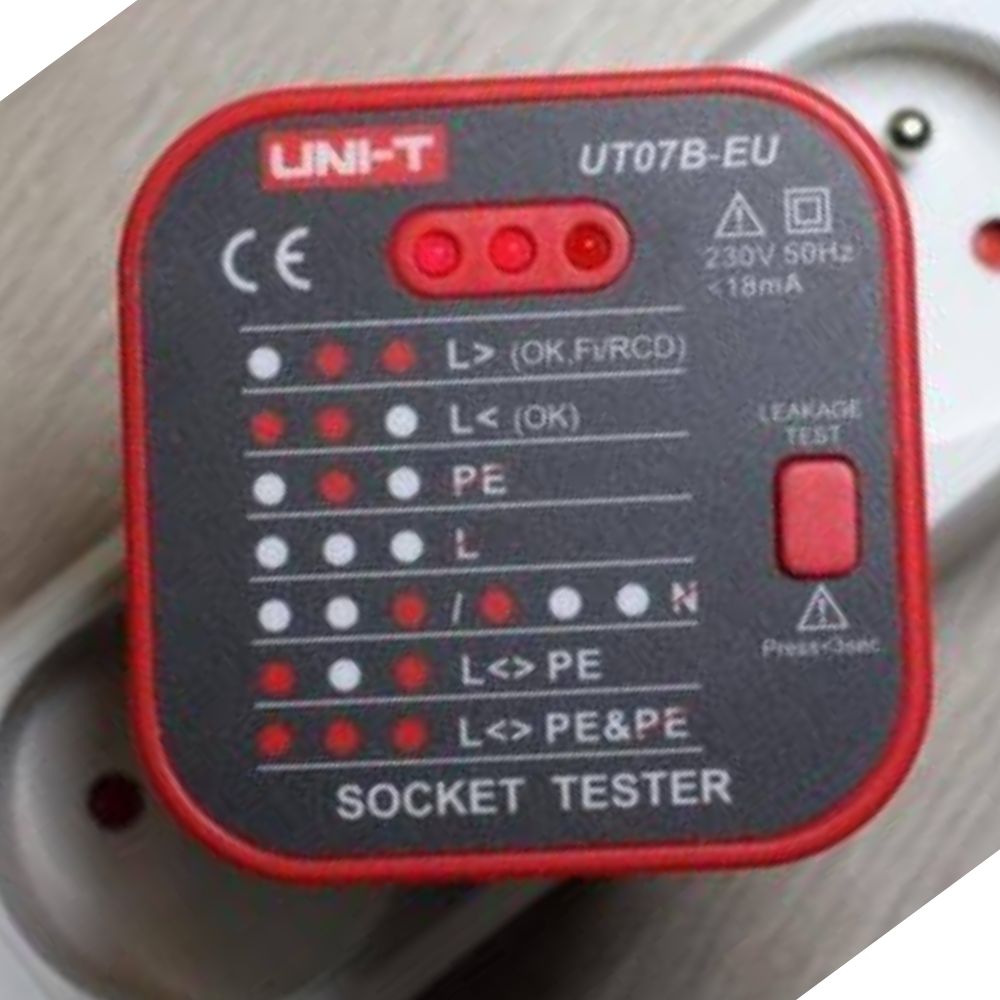 UNI-T UT07B-EU RCD socket tester plugged into a compatible 230V EU-format outlet with LED indicators lit for wiring and RCD leakage test