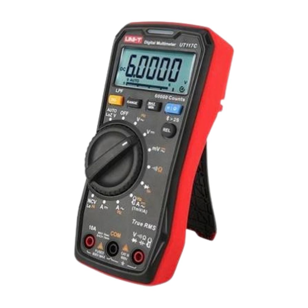 UNI-T UT117C multimeter side view showing the built-in kickstand for hands-free use