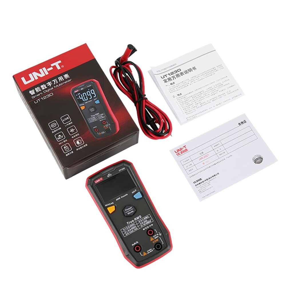 Complete UNI-T UT123D Multimeter Kit Unboxing - Includes Smart AC/DC Tester, Test Leads, User Manual, and Calibration Certificate - Portable Residential Electrician Tool Set
