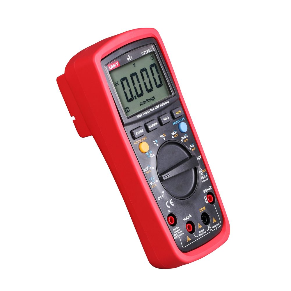 UNI-T UT139C True RMS Multimeter Side Profile – 6000 Counts Backlit LCD Display 0.000V Ready for AC DC Voltage Current Resistance Capacitance Testing NCV Live Wire Detection Electrical Diagnostic Tool