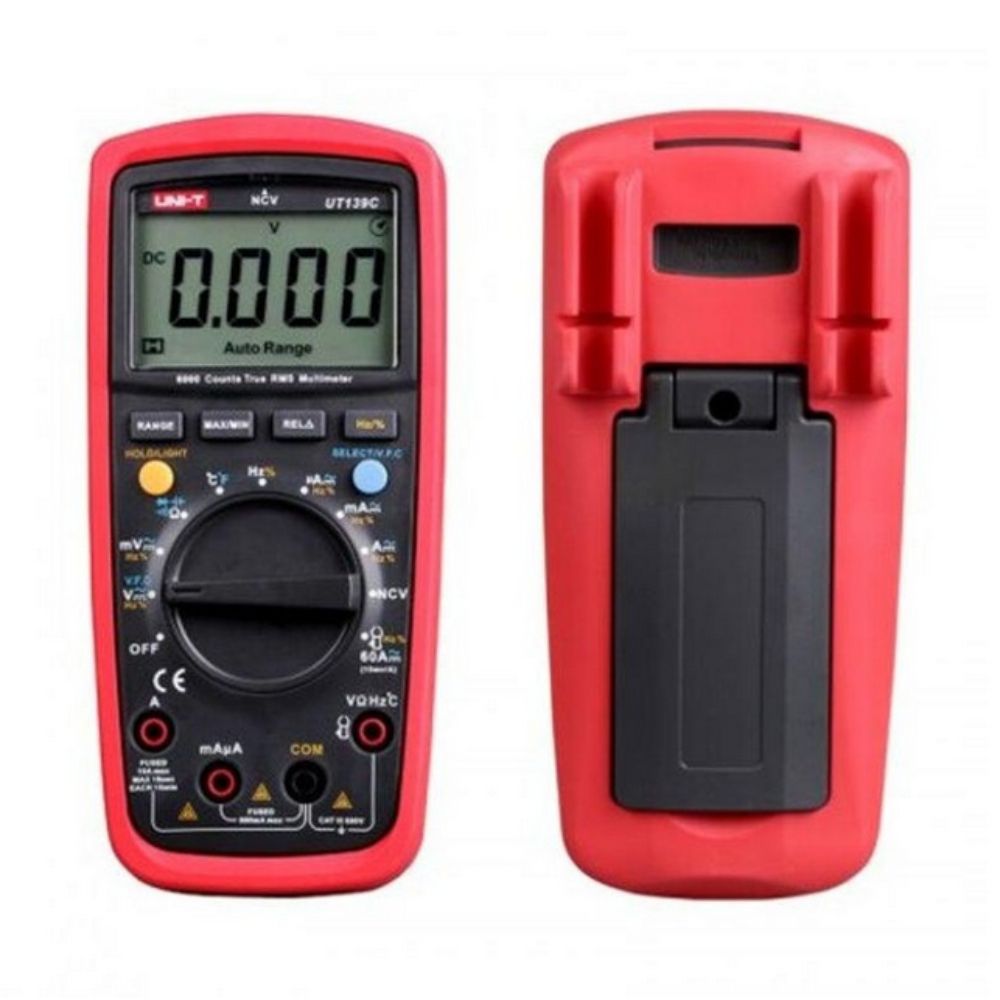UNI-T UT139C True RMS Digital Multimeter Front Back View – 6000 Counts NCV Temperature Tester Battery Compartment AAA Batteries Electrical DMM Volt Ohm Amp Meter for Professional Electricians Maintenance Technicians