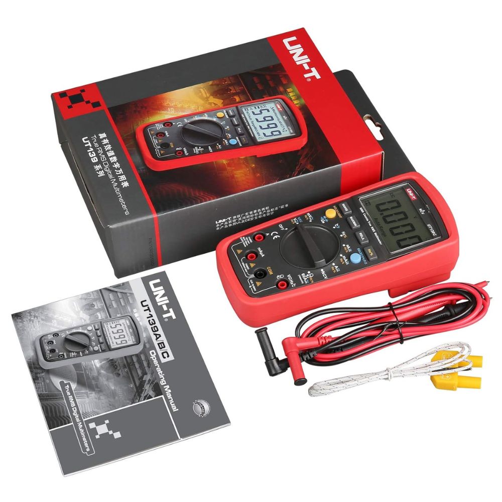 UNI-T UT139C Professional True RMS Digital Multimeter Complete Package – 6000 Counts NCV Tester Test Leads Temperature Probe Batteries Holster for Electricians HVAC Technicians Solar Installers Sri Lanka