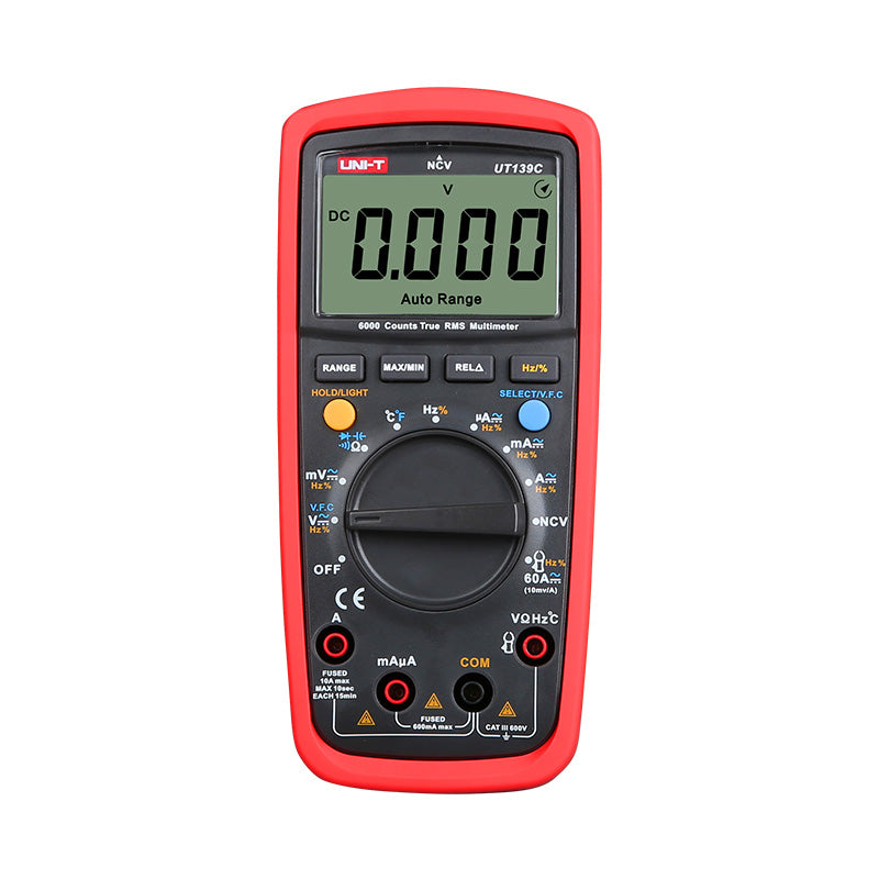 UNI-T UT139C True RMS Multimeter 6000 Counts NCV Non-Contact Voltage Detector Temperature Tester – Front View Ready for AC DC Voltage Current Resistance Capacitance Frequency Testing Electrical DMM Volt Amp Meter