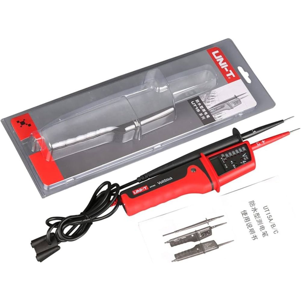 Complete set of the UNI-T UT15C ac dc voltage continuity tester, including the main diagnostic device, AAA batteries, and English user manual.
