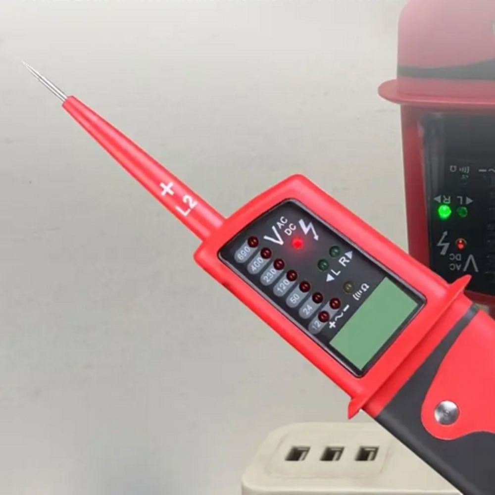 Close-up of the UNI-T UT15C continuity tester with buzzer and LED, highlighting the precise digital LCD screen and stepped voltage indicator lights.